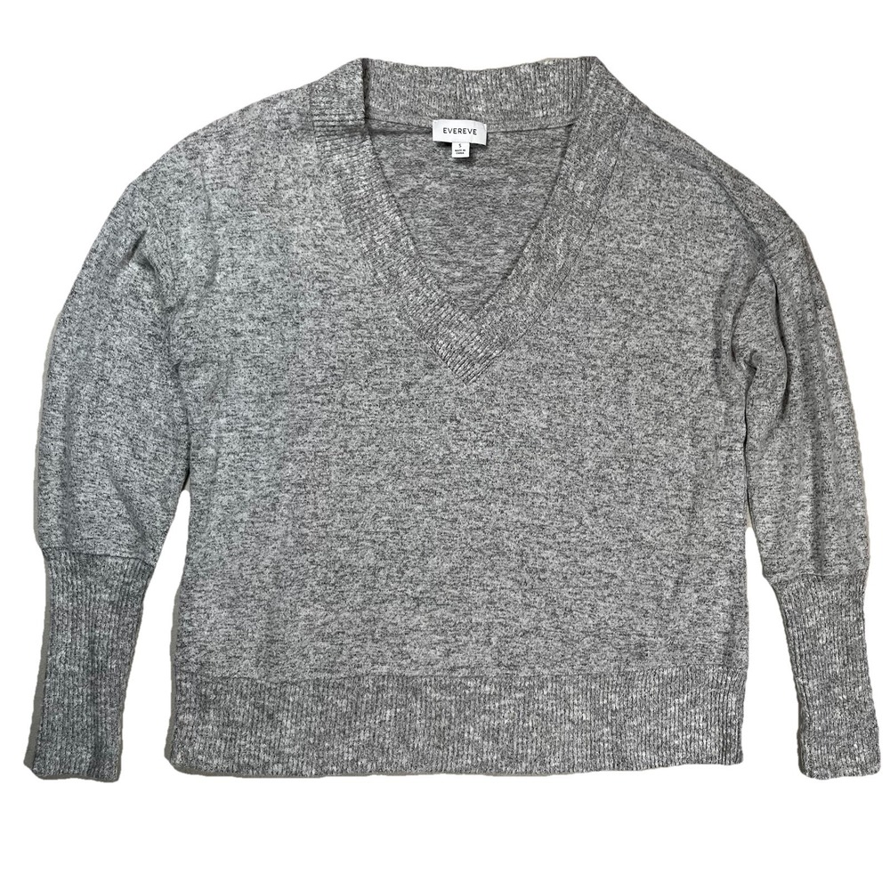 Evereve V-Neck Sweater Women's Size Small Gray Knit Cozy Stretch Casual Pullover